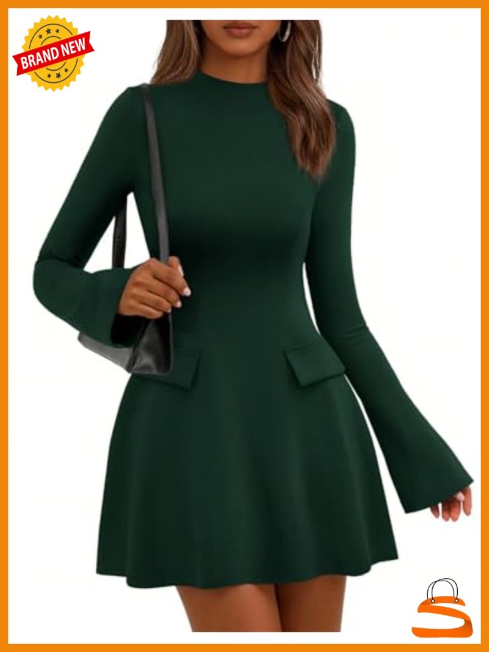 Bell Sleeve Bodycon Mini Dress Mock Neck Stretch Party Club Night Out